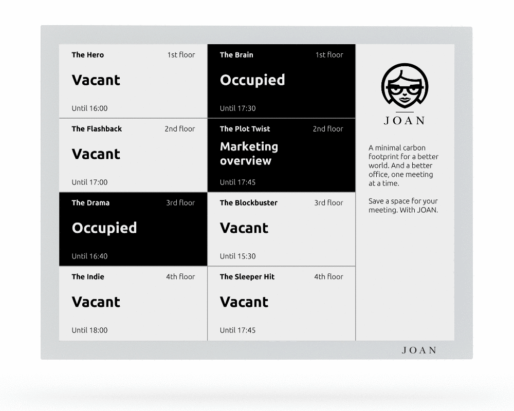 JOAN Board, showing the status of up to 9 meeting rooms on a single screen.