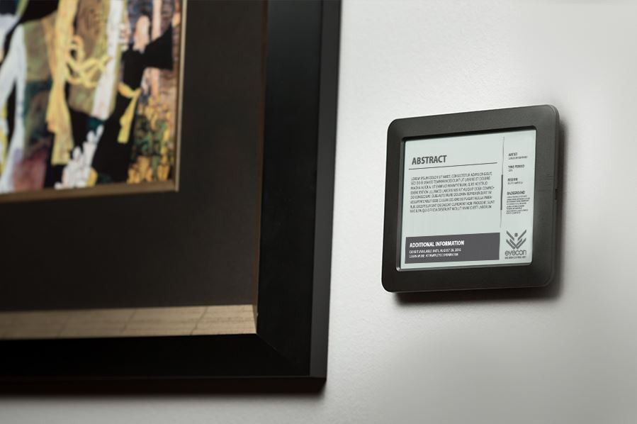 Electronic paper display by Visionect used as museum art label.